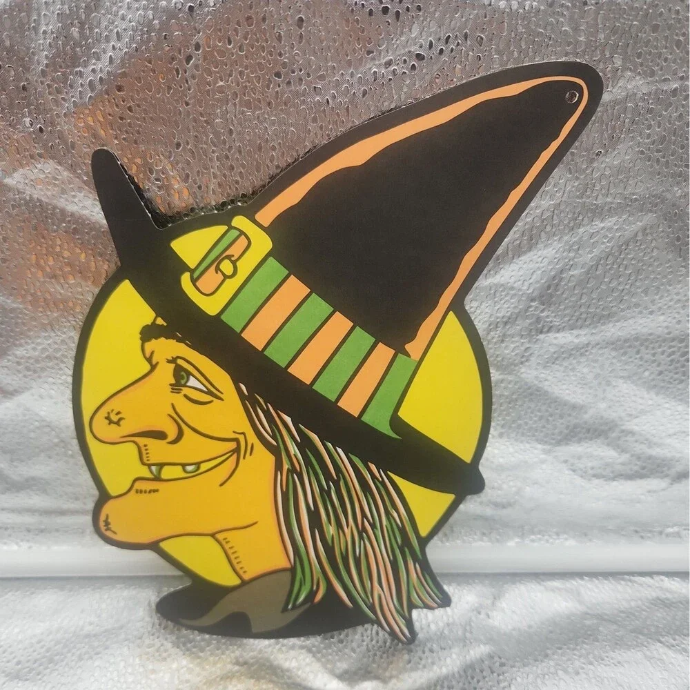 Die Cut Witch Head With Moon Beistle Double Sided 70s And Pumpkin VTG Halloween